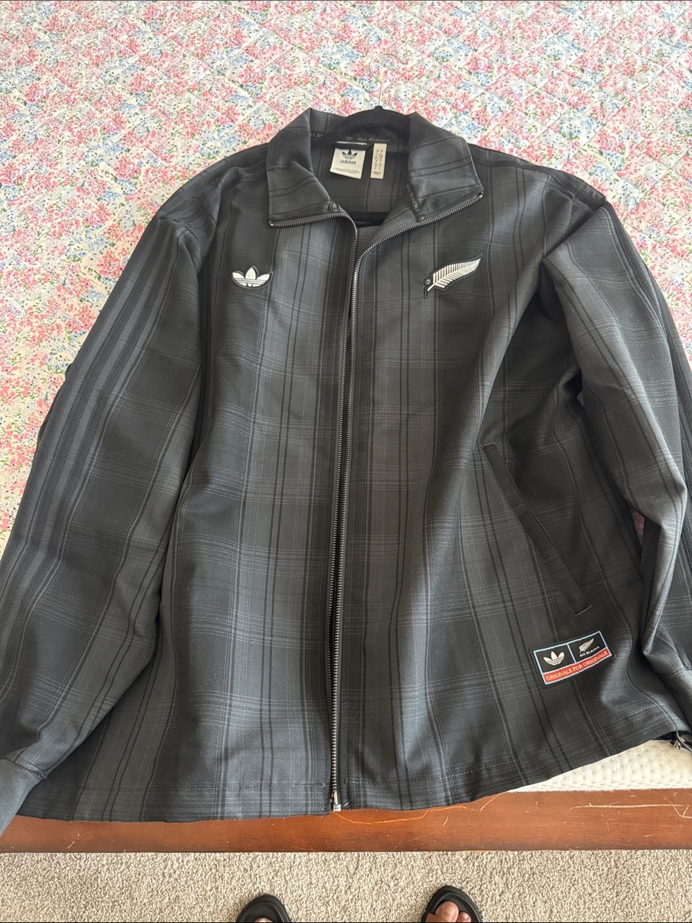 adidas Black Plaid Lightweight Track Jacket with Trefoil Patch